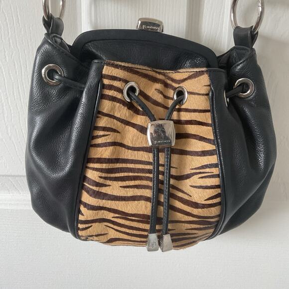 B. MAKOWSKY Leather Bucket Bag Animal Print Tiger Shoulder Handbag Black - Picture 1 of 4